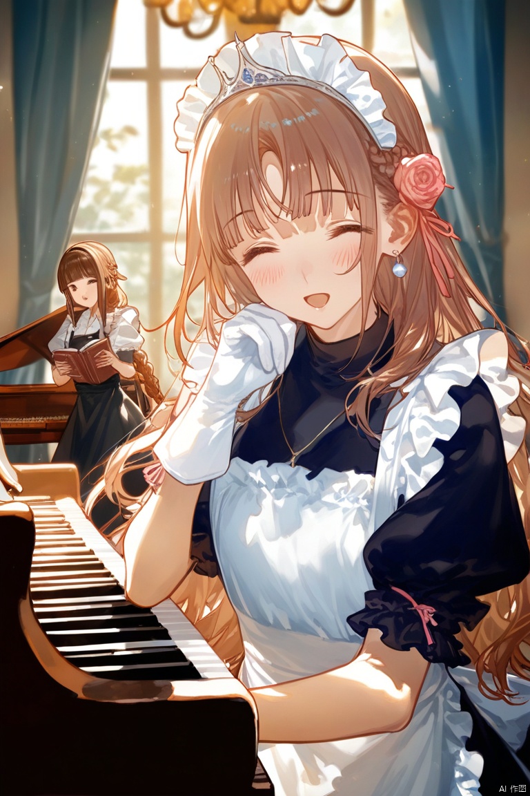 long hair, looking at viewer, blush, smile, open mouth, bangs, multiple girls, brown hair, hair ornament, gloves, long sleeves, dress, bow, holding, jewelry, closed eyes, braid, flower, short sleeves, earrings, frills, puffy sleeves, indoors, white gloves, 3girls, blunt bangs, necklace, white dress, blurry, :o, apron, black dress, puffy short sleeves, book, maid, maid headdress, window, rose, frilled dress, tiara, pink bow, instrument, pink dress, hand on own face, maid apron, music, hand on own cheek, book stack, piano, chandelier

Use soft, warm tones like pink, beige, or light purple to create a warm ambiance for the character.

Apply light color contrasts and layers in clothing and background, such as pale blue or off-white, to highlight the figure.

The light and shadow should be soft and natural, simulating natural light to achieve a warm and inviting effect.

blurry background, using light-toned, undisturbed backgrounds or natural elements like distant hills or gently fluttering curtains to complement the character's tranquility and softness.

Consider adding a few faint flowers or delicate plant details to enhance the harmony between the character and her environment.

Ensure smooth and graceful hand lines to convey the character's gentleness and delicacy., Peiqi