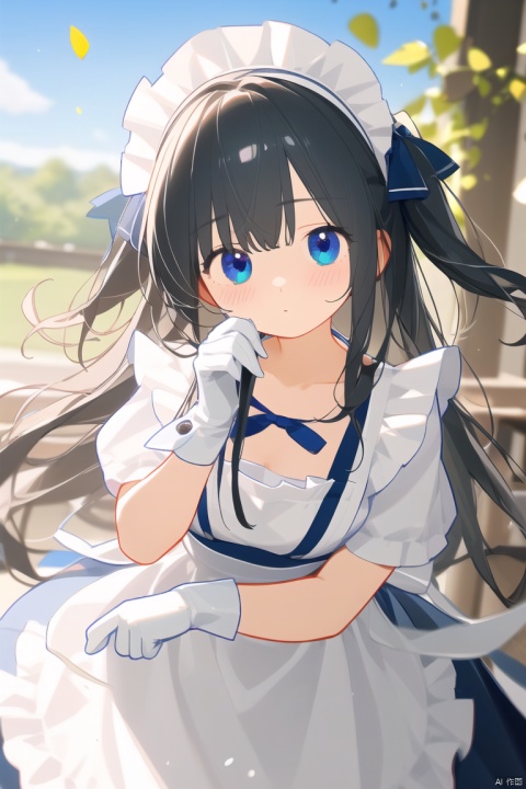  (masterpiece), (best quality), illustration, ultra detailed, hdr, Depth of field, (colorful),Artist weri, 1girl, solo, looking at viewer, blue sky, leaf, long hair, holding leaf, blue eyesgloves, white gloves, collar, blurry, ribbon, holding, bangs, black hair, blush, maid headdress, apron, breasts, dress, long hair, two side up, short sleeves, blush, puffy sleeveswhite apron, frills, collarbone, frilled apron, waist apron, depth of field, hand up, blurry background,
