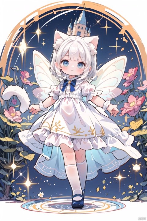 (masterpiece, highly detailed, fantasy setting), a digital artwork depicting a captivating scene of a white-haired loli cat girl, dressed in a pure white gown, gracefully adorned with delicate lace and ribbons, (playful expression:1.2), radiating innocence and joy, (dreamy atmosphere:1.1), enveloping the scene in a magical aura, (fairy tale castle:1.2), towering in the background with its majestic spires, (rainbow bridge:1.3), spanning across a shimmering river, painted with vibrant hues, (whimsical ambiance:1.1), evoking a sense of wonder and enchantment, (graceful pose:1.2), showcasing the cat girl's elegant and fluid movements, (subtle lighting:1.1), casting a soft glow on the surroundings, capturing the essence of a white-haired loli cat girl in a mesmerizing fairy tale setting, dancing gracefully on the rainbow bridge amidst the splendor of the castle, inviting viewers to immerse themselves in a world of magic and whimsy. 