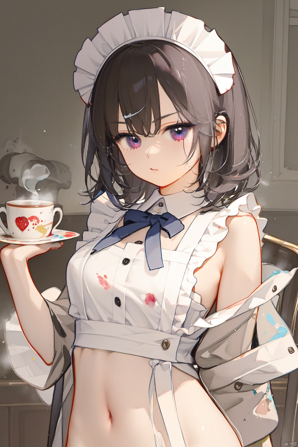 (((Maid Cafe Art))), ((Watercolor painting)), Maid cafe, ((Best quality)), Low angle view, ((Illustration)), (1 girl), Anime face, medium breast, holding a coffee tray, beautiful detailed maid cafe interior, looking at viewer, a detailed maid outfit naked withand white apron, very close to viewers, bare shoulders, lace headband, focus on face, short bob hair, upper body, lens flare, light leaks, detailed beautiful coffee cups and desserts, maid cafe, black hair, black and white clothes,  ((Steam)), rising steam flow, navel, (Beautiful detailed eyes)