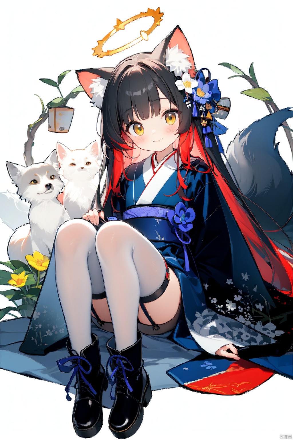  1girl, solo, long hair, looking at viewer, smile, bangs, black hair, thighhighs, long sleeves, animal ears, sitting, tail, yellow eyes, weapon, red hair, multicolored hair, boots, japanese clothes, wide sleeves, blunt bangs, kimono, fox ears, mask, garter straps, halo, floral print, fox girl, fishnets, black kimono, fishnet thighhighs,