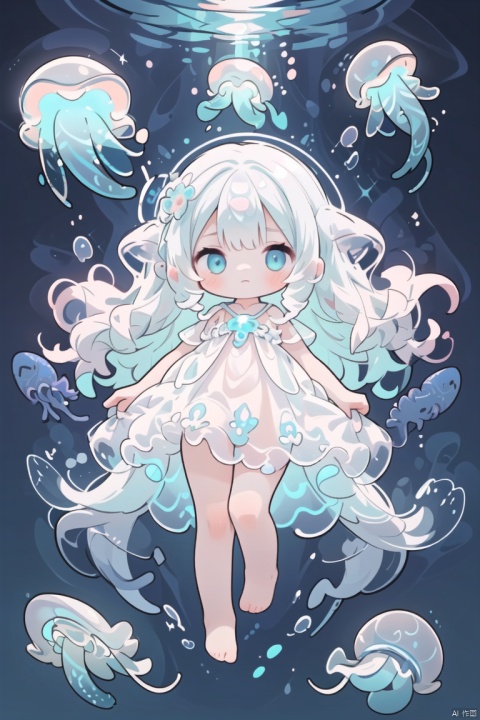  (girl with jellyfish motif:1.3), (flowing translucent dress:1.2), (luminous glow:1.3), (long wavy hair resembling tentacles:1.2), (delicate and graceful movements:1.3), (underwater ambiance:1.2), (floating effortlessly:1.2), (soft pastel colors:1.1), (ethereal beauty:1.3), (surrounded by small jellyfish:1.2), (gentle expression:1.1), (reflective eyes like deep sea:1.2), (barefoot with delicate feet:1.0), (ambient bubbles around:1.1), (mysterious aura:1.2), nsfw, multiple girls, expression sheet, chibi