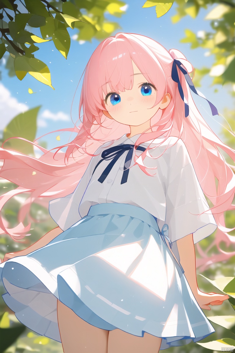 (masterpiece), (best quality), illustration, ultra detailed, hdr, Depth of field, (colorful),Artist weri, 1girl, solo, looking at viewer, blue sky, leaf, long hair, holding leaf, blue eyes,Tight skirt, white skirt, blurry, ribbon, holding, bangs, pink hair, blush, black ribbon, depth of field, hand up, blurry background,
