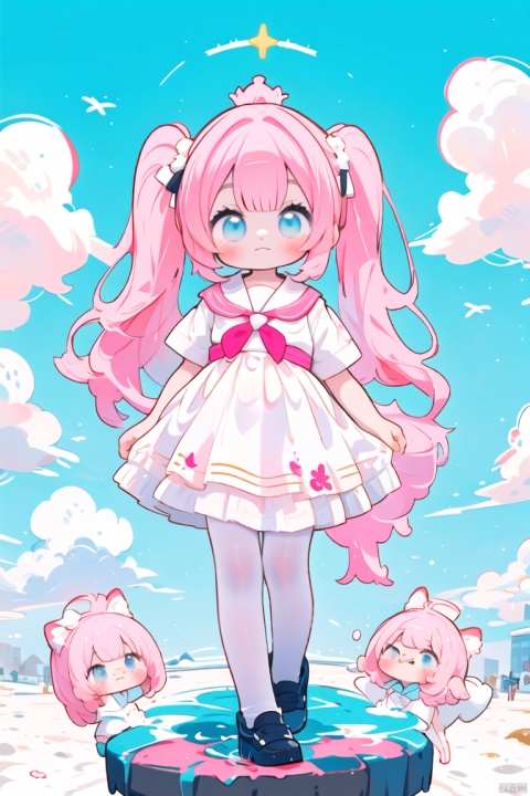  masterpiece, solo,loli, pinkhair,blue eyes,ponytail, blush, frilled shirt collar,girly hair,fipped hair,floating hair,(petite),(loli),(solo),blank stare,:3 , white ribbon, (full body),blue sky,cloudy,white serafuku,white skirt,active pose,jump,walk,different pose, 
Contrast between warm and cold, colors, 372089, cuteloli, CH, white pantyhose