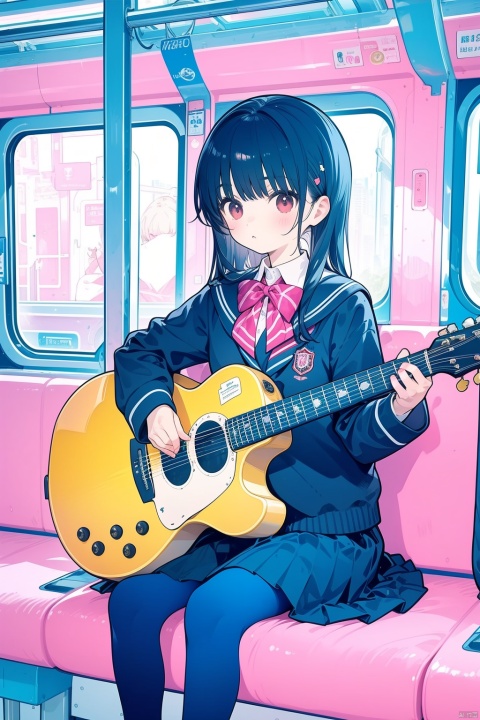  Inside the subway car, a cute girl, school uniform, panorama, petite loli , playing a guitar, fresh, sitting, pink theme, closed up, 