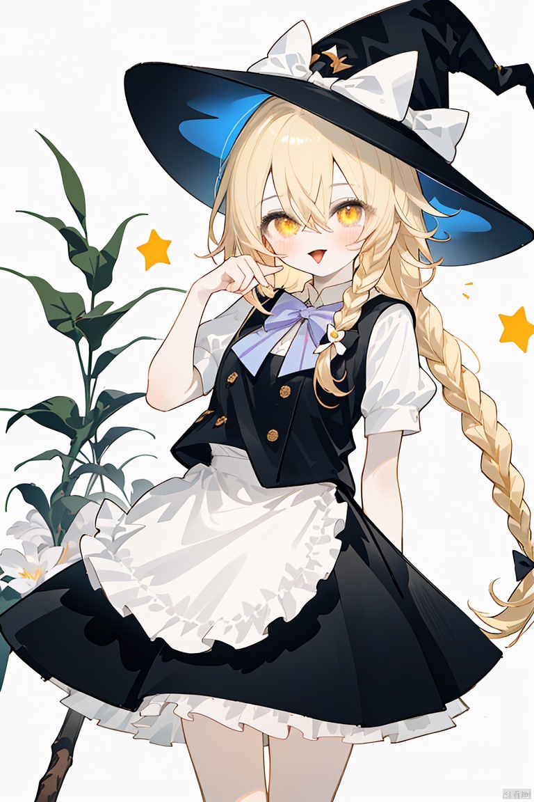  Character Features:
1girl, solo, long hair, looking at viewer, blush, smile, bangs, skirt, blonde hair, simple background, shirt, hat, white background, bow, hair between eyes, yellow eyes, white shirt, braid, short sleeves, hair bow, frills, tongue, puffy sleeves, hand up, tongue out, black skirt, star \(symbol\), apron, vest, black dress, puffy short sleeves, book, single braid, black headwear, witch hat, buttons, white bow, hat bow, waist apron, white apron, index finger raised, broom, black vest, kirisame marisa
Color Suggestions:

Use soft, warm tones like pink, beige, or light purple to create a warm ambiance for the character.

Apply light color contrasts and layers in clothing and background, such as pale blue or off-white, to highlight the figure.

The light and shadow should be soft and natural, simulating natural light to achieve a warm and inviting effect.

Background Suggestions:

blurry background, using light-toned, undisturbed backgrounds or natural elements like distant hills or gently fluttering curtains to complement the character's tranquility and softness.

Consider adding a few faint flowers or delicate plant details to enhance the harmony between the character and her environment.

Ensure smooth and graceful hand lines to convey the character's gentleness and delicacy., nai3