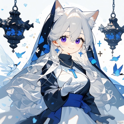 1girl, solo, long hair, breasts, blurry_background, blush, smile, bangs, gloves, long sleeves, nun dress, holding, animal ears, hair between eyes, jewelry, closed mouth, purple eyes, upper body, flower, white hair, virtual youtuber, necklace, black dress, animal ear fluff, cross,  holding flower,church, nun, Light and shadow contrast, fairy tale girl