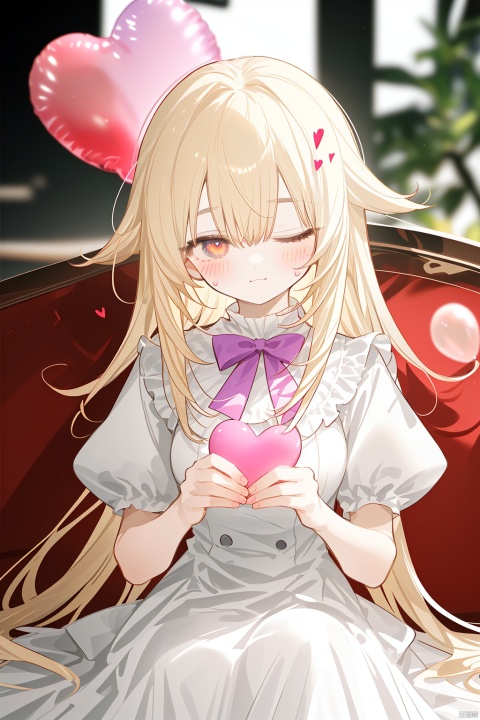  Character Features:

1girl, solo, long hair, breasts, blurry_background, blush, smileballoon, bangs, blonde_hair, blush, bow, closed_mouth, dress, eyebrows_visible_through_hair, frills, gloves, heart, heart_balloon, heart_pillow, holding, long_hair, looking_at_viewer, one_eye_closed, pink_bow,
Color Suggestions:

Use soft, warm tones like pink, beige, or light purple to create a warm ambiance for the character.

Apply light color contrasts and layers in clothing and background, such as pale blue or off-white, to highlight the figure.

The light and shadow should be soft and natural, simulating natural light to achieve a warm and inviting effect.

Background Suggestions:

Keep it simple, blurry background, using light-toned, undisturbed backgrounds or natural elements like distant hills or gently fluttering curtains to complement the character's tranquility and softness.

Consider adding a few faint flowers or delicate plant details to enhance the harmony between the character and her environment.


Posture and Movement:



Relaxed and natural posture,sitting at the sofa,beside the window,

Ensure smooth and graceful hand lines to convey the character's gentleness and delicacy.


I hope these suggestions inspire you as you create your gentle female character. Remember to relax and enjoy the process, infusing the character with your own emotions and stories., nai3