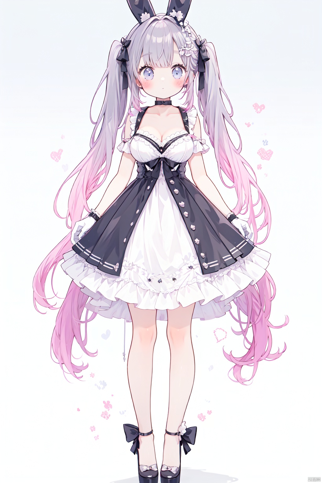  loli,petite,2_girls, bow, breasts, blush, dress, full_body, gloves, gradient, gradient_background, grey_background, blurry, blurry_background, cat, cleavage, collarbone, Light and shadow contrast, long_hair, black bow, bunny_rabbit, big breats, standing, underwear, Sheath dress, white_gloves, white_legwear, CJ-BWD