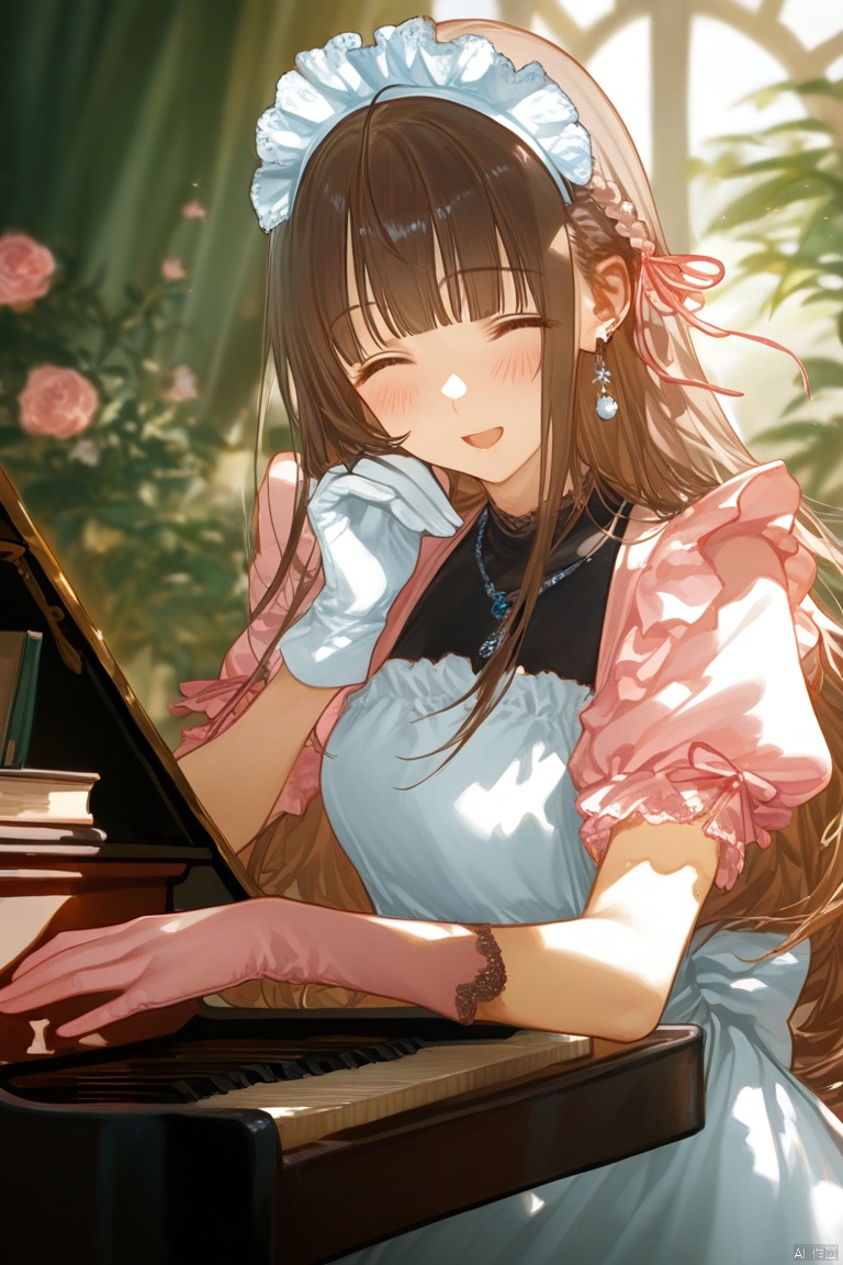 long hair, looking at viewer, blush, smile, open mouth, bangs, multiple girls, brown hair, hair ornament, gloves, long sleeves, dress, bow, holding, jewelry, closed eyes, braid, flower, short sleeves, earrings, frills, puffy sleeves, indoors, white gloves,  blunt bangs, necklace, white dress, blurry, :o, apron, black dress, puffy short sleeves, book, maid, maid headdress, window, rose, frilled dress, tiara, pink bow, instrument, pink dress, hand on own face, maid apron, music, hand on own cheek, book stack, piano, chandelier

Use soft, warm tones like pink, beige, or light purple to create a warm ambiance for the character.

Apply light color contrasts and layers in clothing and background, such as pale blue or off-white, to highlight the figure.

The light and shadow should be soft and natural, simulating natural light to achieve a warm and inviting effect.

blurry background, using light-toned, undisturbed backgrounds or natural elements like distant hills or gently fluttering curtains to complement the character's tranquility and softness.

Consider adding a few faint flowers or delicate plant details to enhance the harmony between the character and her environment.

Ensure smooth and graceful hand lines to convey the character's gentleness and delicacy., Peiqi