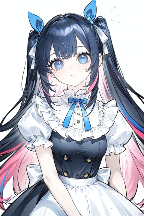  petite,cuteloli,1girl, solo, long hair, breasts, looking at viewer, bangs, blue eyes, black hair, dress, bow, ribbon, holding, very long hair, upper body, pink hair, hair bow, multicolored hair, puffy sleeves, blunt bangs, black dress, two-tone hair, neck ribbon, night, glowing, blue bow, blue ribbon, bright pupils, colored inner hair, simple_background