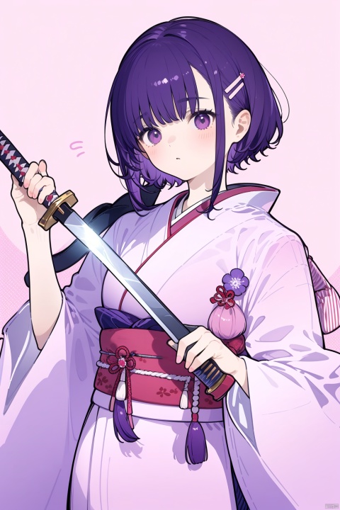 1girl, cuteloli, solo, looking_at_viewer ,purple hair, dark purple hair, purple clip on hair, wearing Japanese clothes, Japanese clothes, purple and white Japanese clothes, holding a sword, pink theme