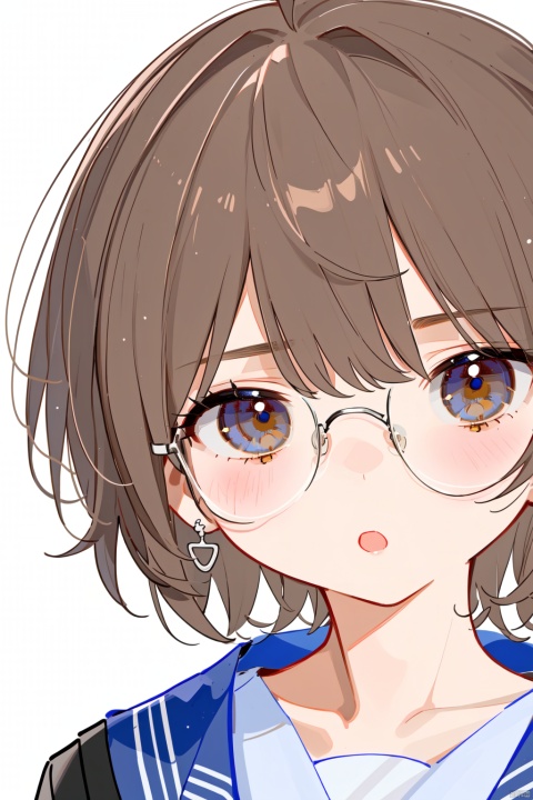 1girl, solo, looking at viewer, blush, short hair, open mouth, bangs, brown hair, shirt, brown eyes, white shirt, earrings, glasses, :o, portrait, close-up, round eyewear, earphones, looking_at_viewer, collarbone, black_sailor_collar