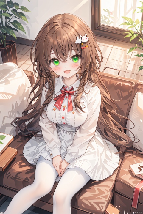 masterpiece,best quality,illustration,ultra detailed,hdr,Depth of field,(colorful),[iumu],[Artist chen bin],Artist himitsu_(hi_mi_tsu_2),1girl,solo,hair_ornament,pantyhose,sitting,long_hair,green_eyes,looking_at_viewer,brown_hair,dress,open_mouth,shirt,white_shirt,white_pantyhose,indoors,no_shoes,blush,long_sleeves,bangs,chocolate,bow,leaf_hair_ornament,couch,box,food,holding,valentine,dated,from_above,breasts,smile,collared_shirt,