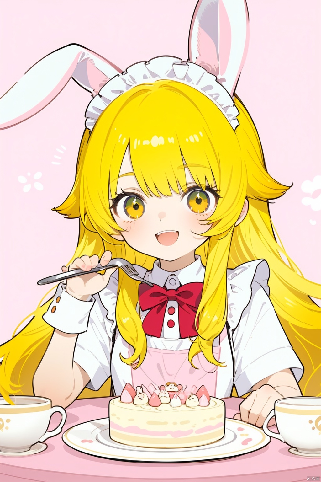  A cute girl sits at a round table with many cakes in fresh and cute colors, lean on one side, bunny girl, :d, blond hair, long hair, maid_uniform, loli, wink, raise hand, hand with fork, nai3