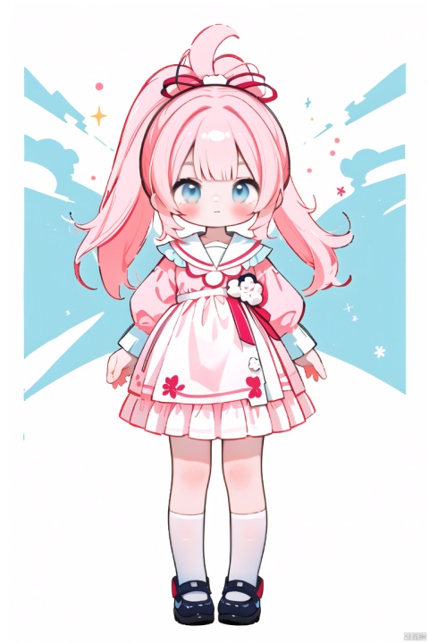  masterpiece, ((ultra-detailed)), (illustration), solo,loli, pink hair,blue eyes,high ponytail,high ponytail, blush,smile, :o, frilled shirt collar,facula,spot,messy hair,fipped hair,floating hair,(petite),(loli),(solo),blank stare, white ribbon, (full body),blue sky,cloudy,white serafuku,white skirt,Contrast between warm and cold, colors, 372089, cuteloli
