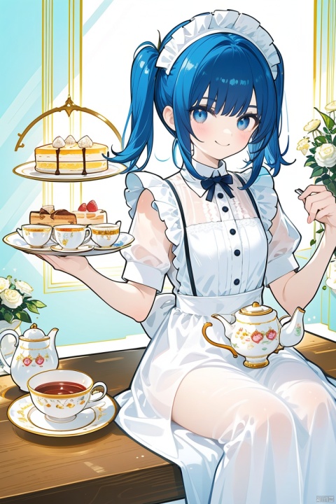 1girl, solo, sitting on the table, smile, blue eyes, dress, holding, blue hair,  food, many cakes, striped, maid uniform, white dress, two side up, cup, maid headdress, blue hair, fruit, plate, teacup, nai3