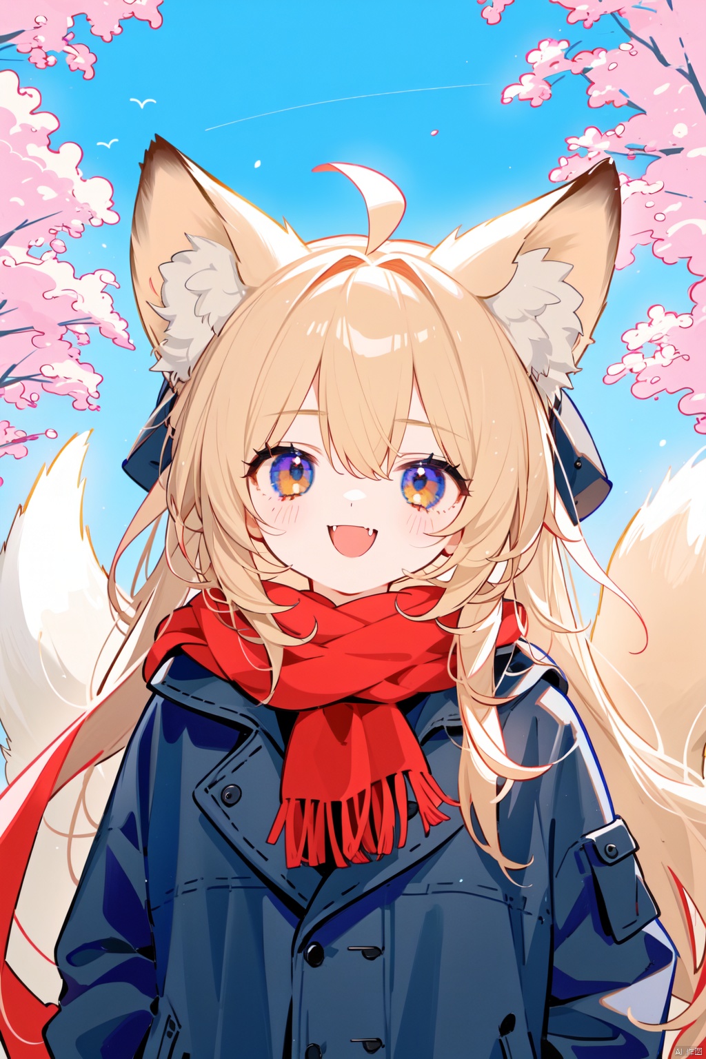  1girl, fox_tail, tail, animal_ears, fox_ears, fox_girl, long_hair, solo, blonde_hair, scarf, fang, open_mouth, animal_ear_fluff, looking_at_viewer, arms_behind_back, ahoge, :3, outdoors, smile, blush, red_scarf, tree, :d, day, coat
