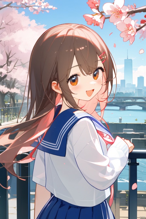  loli,petite,1girl, solo, smile, cherry_blossoms, long_hair, pink_hair, blush,  brown_eyes, school_uniform, closed mouth, serafuku, hairclip, outdoors, tree, sailor_collar, :d, collarbone, looking back, pink_sailor_collar, shirt, upper_body, railing, cityscape