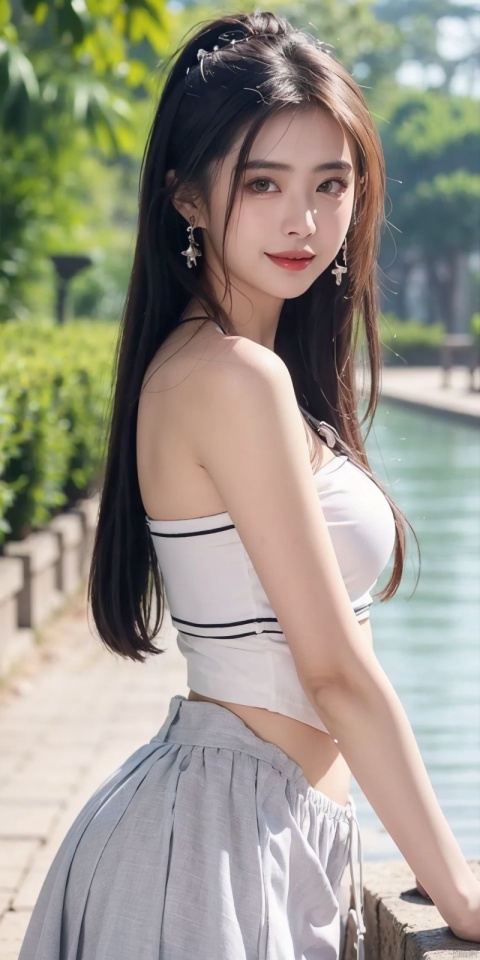  (Good structure),cowboy_shot, DSLR Quality,Depth of field ,looking_at_viewer,Dynamic pose, , kind smile,,
1girl, solo, long hair, , looking at viewer, skirt, hair ornament, bare shoulders, jewelry, , black hair, earrings, outdoors, midriff, water, necklace, lips, crop top, grey eyes, leaning forward, ocean, white skirt, strapless vest, sunset, sun, , wangzuxian