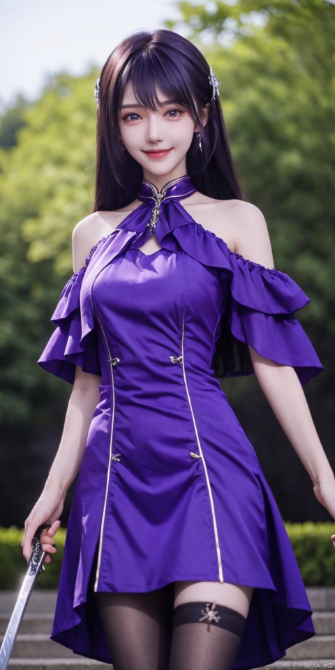 best quality, masterpiece, realistic,cowboy_shot,(Good structure), DSLR Quality,Depth of field,kind smile,looking_at_viewer,Dynamic pose, 
 Cowboy lens, (good structure), SLR quality, depth of field, friendly smile, looking at viewer, dynamic posture, 1 girl asymmetrical sleeves, purple hair, long hair, solo, dress, hair accessories, weapons, purple dress, bare legs, short sword, cowboy lens,
Movies, natural light, solo, 1Girl, wind,  , standing, outdoor, flowing hair, friendly smile, photography posture, dynamic posture, looking at the audience, excellent skin texture, deep gaze, cheerful atmosphere, eye-catching resin jewelry style, matte photos, minimalist beauty, meticulous line accuracy, high resolution, 8K, flower language, 1Girr, thighhighs, high heels, BY MOONCRYPTOWOW, Detail, black pantyhose, ,shengcaier, blackpantyhose