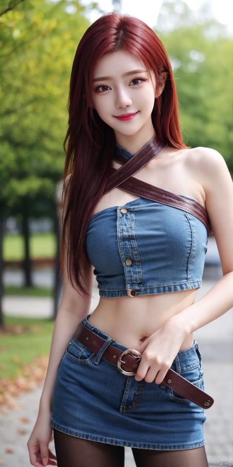  best quality, masterpiece, cowboy_shot,(Good structure), DSLR Quality,Depth of field,kind smile,looking_at_viewer,Dynamic pose,
 1girl, 3d, bare_shoulders, belt, blurry, blurry_background, blurry_foreground, branch, , , , collarbone, cosplay_photo, denim, denim_skirt, depth_of_field, , lips, long_hair, looking_at_viewer, midriff, miniskirt, motion_blur, navel, outdoors, photo_\(medium\), realistic, skirt, solo, standing, tree, , , , , , red_hair, , yefei, blackpantyhose