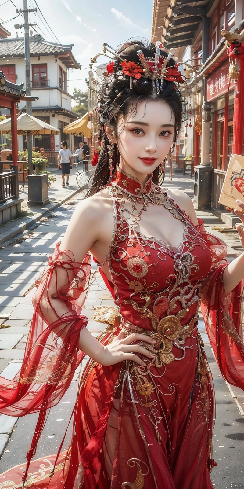  best quality, masterpiece, cowboy_shot,(Good structure), DSLR Quality,Depth of field,kind smile,looking_at_viewer,Dynamic pose, 
, ultra high res,1girl, gigantic_breasts, looking at viewer,(see-through dress),bare shoulders,dress,qi pao,ancient Chinese street ,Chinese dress,, yosshi film, standing, one girls, chinese_clothes, Chinese costume, street, smiling, holding_wood_box , ganyu (genshin impact), 1girl, jujingyi, drakan_longdress_dragon crown_headdress, wunv, zhulin