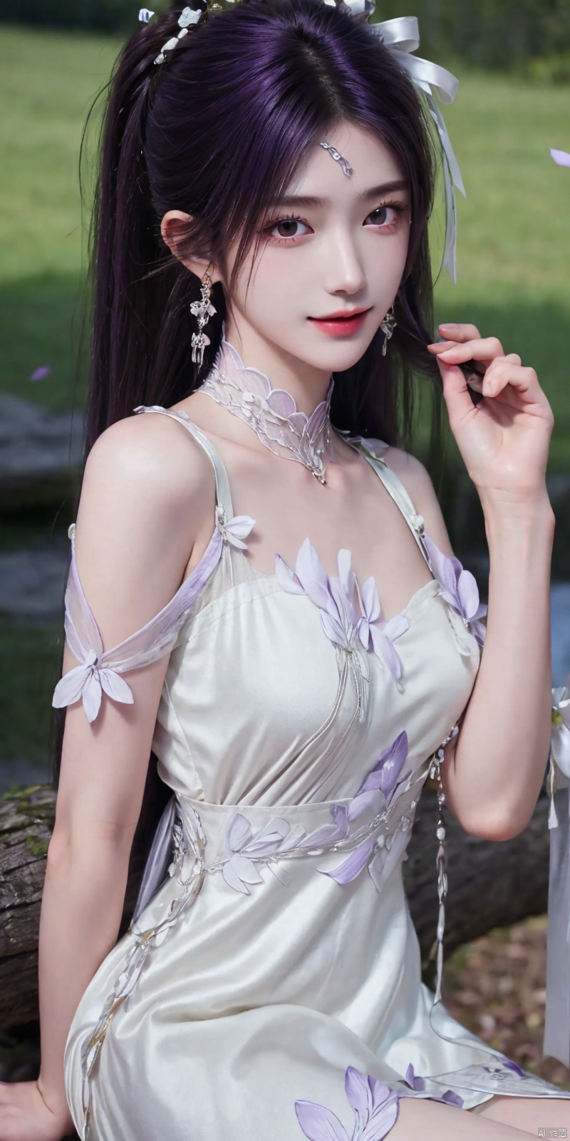 best quality, masterpiece, realistic,cowboy_shot,(Good structure), DSLR Quality,Depth of field,kind smile,looking_at_viewer,Dynamic pose, 
1girl, solo, long hair, breasts, looking at viewer, bangs,   hair ornament, dress, ribbon,  , bare shoulders, twintails, jewelry, medium breasts, sitting, very long hair, purple eyes, collarbone, hair ribbon, purple hair, flower, thighs, earrings, outdoors, parted lips, sleeveless, choker, hand up, hair flower, water,  white dress, bare arms, petals,  , sleeveless dress, black choker, short dress, frilled dress, white flower, purple ribbon, spaghetti strap,
 ,jinpinger