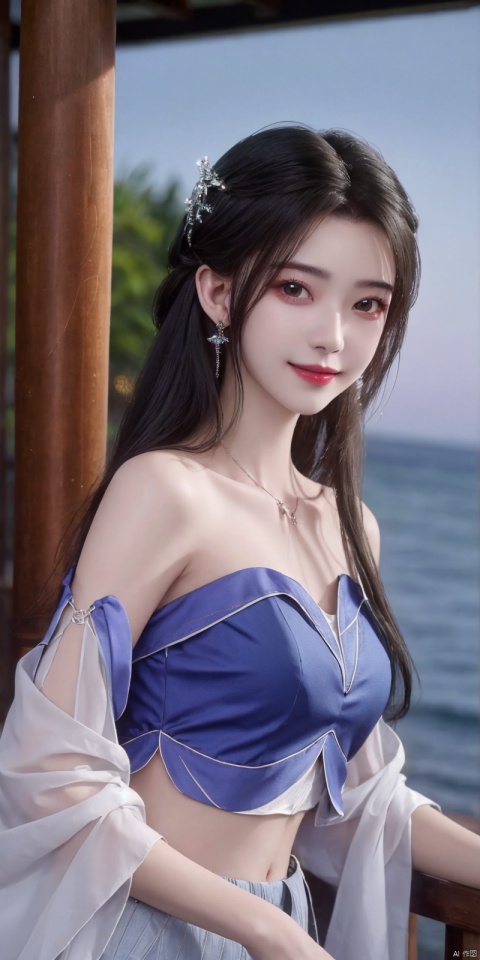  best quality, masterpiece, realistic,cowboy_shot,(Good structure), DSLR Quality,Depth of field,kind smile,looking_at_viewer,Dynamic pose, 
1girl, solo, long hair, , looking at viewer, skirt, hair ornament, bare shoulders, jewelry, , black hair, earrings, outdoors, midriff, water, necklace, lips, crop top, grey eyes, leaning forward, ocean, white skirt, strapless vest, sunset, sun, , ,  , limuwan