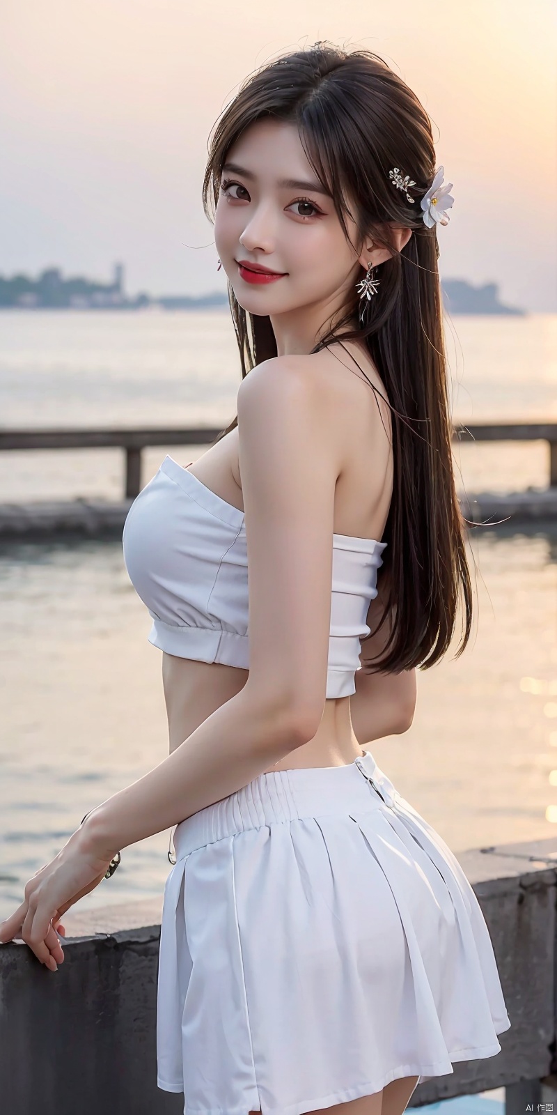  (Good structure),cowboy_shot, DSLR Quality,Depth of field ,looking_at_viewer,Dynamic pose, , kind smile,,
1girl, solo, long hair,  , looking at viewer, skirt, hair ornament, bare shoulders, jewelry,  , black hair, earrings, outdoors, midriff, water, necklace, lips, crop top, grey eyes, leaning forward, ocean, white skirt, strapless vest, sunset, sun, qingyi, 