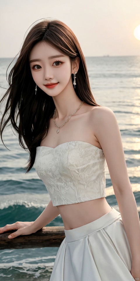  best quality, masterpiece, realistic,cowboy_shot,(Good structure), DSLR Quality,Depth of field,kind smile,looking_at_viewer,Dynamic pose, 
1girl, solo, long hair, , looking at viewer, skirt, hair ornament, bare shoulders, jewelry, , black hair, earrings, outdoors, midriff, water, necklace, lips, crop top, grey eyes, leaning forward, ocean, white skirt, strapless vest, sunset, sun, , , , weddingdress, , , sunyunzhu