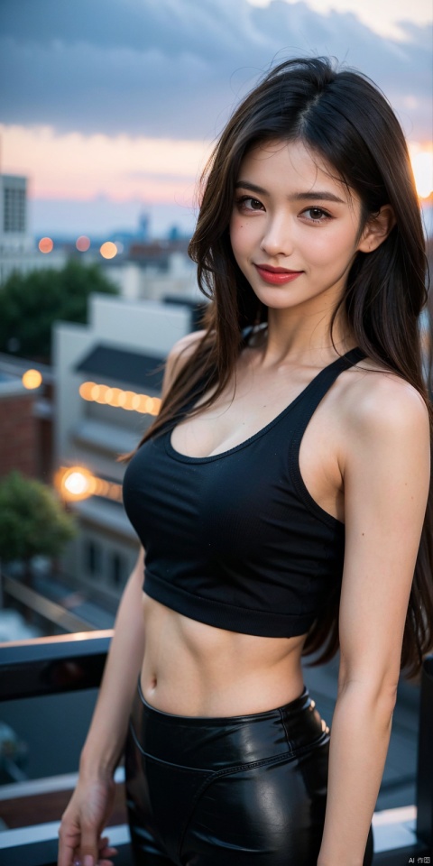 (Good structure),cowboy_shot, DSLR Quality,Depth of field ,looking_at_viewer,Dynamic pose, , kind smile,
,Frontal photography,Look front,evening,dark clouds,the setting sun,On the city rooftop,1girl,Black top,Black Leggings,black hair,long hair, dark theme, muted tones, pastel colors, high contrast, (natural skin texture, A dim light, high clarity), ((sky background)),((Facial highlights)),