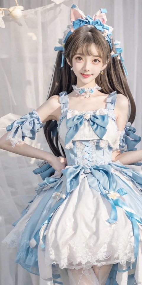  (Good structure), DSLR Quality,(wariza),,Girl, bare shoulders, blue hair, boobs, bow tie, brown eyes, cat ears, collar, ((Lolita Dress: 1.4)) , blue and white Lolita dress, wrinkled leg outfit, hand-held, lips, nose, shoulders, , alone, two-tailed, kind smile, looking at the audience, white leg costume, wrist cuffs, 1girl,,looking_at_viewer, , lolidress, ,, wangyushan,dress