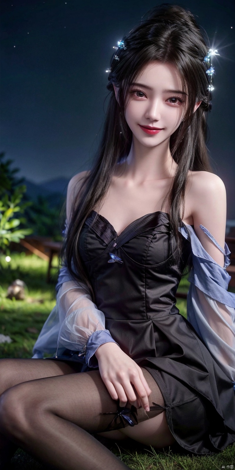 best quality, masterpiece, realistic,full_body,(Good structure), DSLR Quality,Depth of field,kind smile,looking_at_viewer,Dynamic pose, 
On the mountaintop, you can see the starry sky, and a beautiful girl is sitting on the grass. It is a masterpiece of a master, with stunning beauty, eye close-up, natural beauty, long legs, and short skirt, ,blackpantyhose, , limuwan
