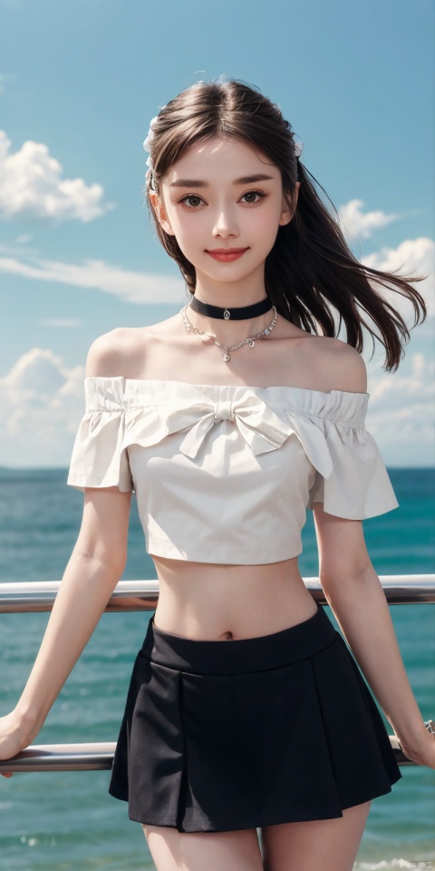  best quality, masterpiece, cowboy_shot,(Good structure), DSLR Quality,Depth of field,kind smile,looking_at_viewer,Dynamic pose, 
,Short skirt,Blue sky, white clouds, ocean, nai3, 1girl, solo, crop top, , choker, navel, shirt, midriff, crop top overhang, looking at viewer, white shirt, jewelry, breasts, bare shoulders, off-shoulder shirt, off shoulder, black choker, thighs, stomach, long hair, bracelet, short sleeves, ribbon, hand up, collarbone, hair ribbon, medium breasts, , bra strap, , hair ornament, thigh gap, necklace, expressionless, ,, ,, , , heben