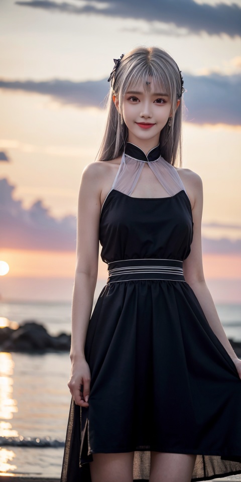  best quality, masterpiece, realistic, ,(Good structure), DSLR Quality,Depth of field,kind smile,looking_at_viewer,Dynamic pose, 
1girl, solo, looking at viewer, , ,, , bangs,  , dress, ribbon, bare shoulders,  , standing, collarbone,  outdoors, sky, sleeveless, cloud, signature, blunt bangs, water, white dress, bare arms, black ribbon, sleeveless dress, ocean, sunlight, wading, sunset, skirt hold, sun, horizon, sundress, see-through silhouette,  , xiaoyixian,white hair