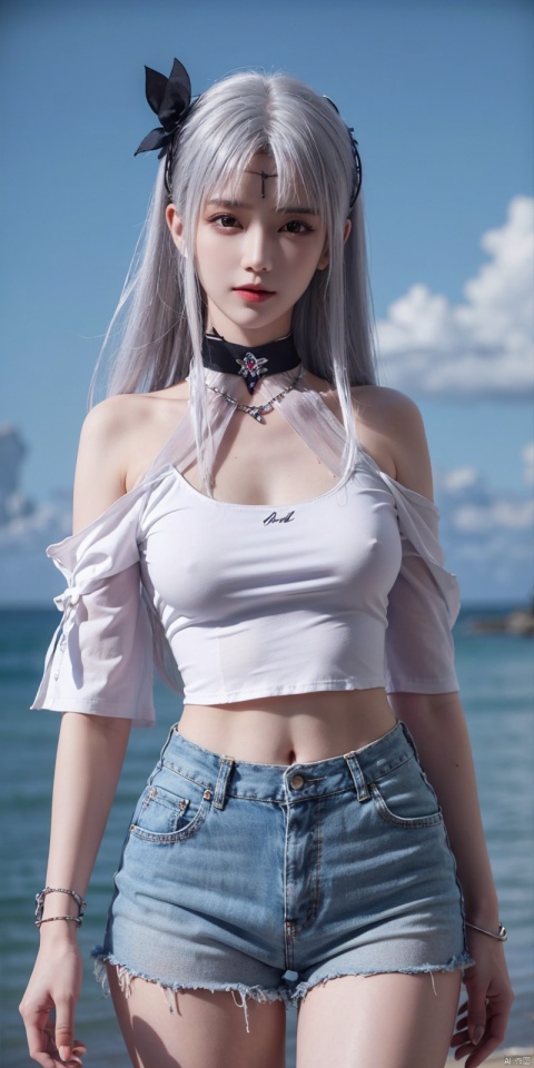 (Good structure),cowboy_shot, DSLR Quality,Depth of field ,looking_at_viewer,Dynamic pose, , kind smile,,, Blue sky, white clouds, ocean,nai3, 1girl, shorts, solo, crop top, black shorts, choker, navel, shirt, midriff, crop top overhang, looking at viewer, white shirt, jewelry, breasts, bare shoulders, short shorts, off-shoulder shirt, off shoulder, black choker, thighs, stomach, hand on own thigh, long hair, bracelet, short sleeves, ribbon, hand up, collarbone, hair ribbon, medium breasts, standing, high-waist shorts, dolphin shorts, bra strap, , hair ornament, thigh gap, necklace, expressionless, , , xiaoyixian,white_hair, 