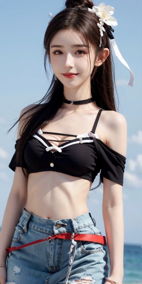  cowboy_shot,(Good structure), DSLR Quality,Short skirt,Blue sky, white clouds, ocean, nai3, 1girl, solo, crop top, , choker, navel, shirt, midriff, crop top overhang, looking at viewer, white shirt, jewelry, breasts, bare shoulders, off-shoulder shirt, off shoulder, black choker, thighs, stomach, long hair, bracelet, short sleeves, ribbon, hand up, collarbone, hair ribbon, medium breasts, , bra strap, , hair ornament, thigh gap, necklace, expressionless, , ,kind smile, , hanikezi