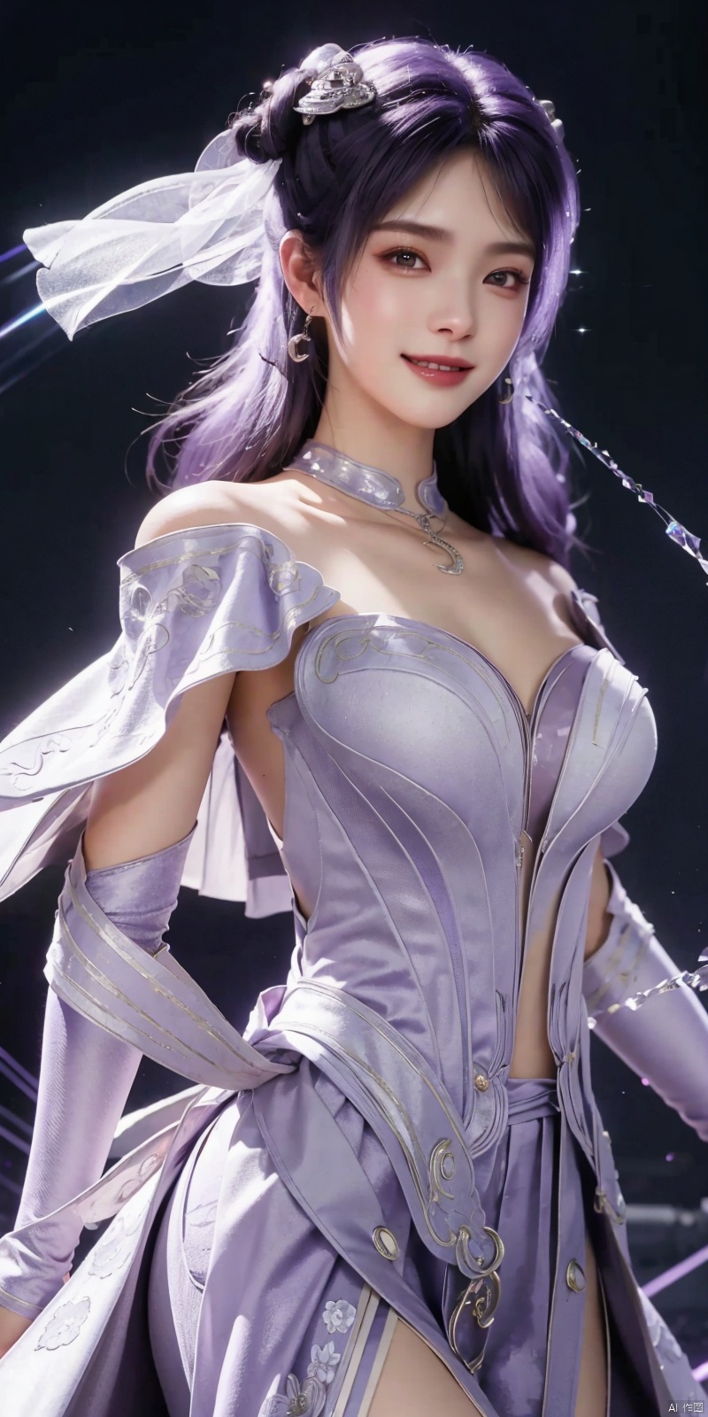  best quality, masterpiece, realistic,cowboy_shot,(Good structure), DSLR Quality,Depth of field,kind smile,looking_at_viewer,Dynamic pose, 
1 girl,(Purple light effect),hair ornament,jewelry,looking at viewer, , , dofas,(ultra-detailed crystallization),transparent crystals, , , , , , jiziyue.Purple hair, weddingdress