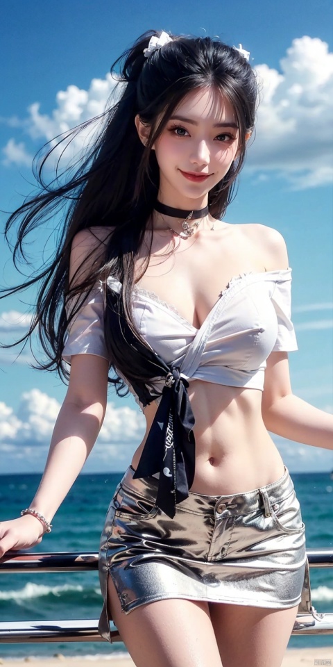  cowboy_shot,(Good structure), DSLR Quality,Short skirt,Blue sky, white clouds, ocean, , nai3, 1girl, solo, crop top, , choker, navel, shirt, midriff, crop top overhang, looking at viewer, white shirt, jewelry, breasts, bare shoulders, off-shoulder shirt, off shoulder, black choker, thighs, stomach, long hair, bracelet, short sleeves, ribbon, hand up, collarbone, hair ribbon, medium breasts, , bra strap, , hair ornament, thigh gap, necklace, expressionless, , ,kind smile, , , yanlingji