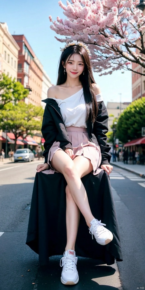  best quality, masterpiece, realistic,,(Good structure), DSLR Quality,Depth of field,kind smile,looking_at_viewer,Dynamic pose, 
 1girl, solo, looking at viewer, smile, , , bangs, skirt, shirt, hair ornament, long sleeves, jewelry, sitting, , jacket,, white shirt,, flower,, pleated skirt, earrings, outdoors, open clothes, sky, shoes, , day, cloud, , off shoulder, black footwear, two-tone hair, , tree, blue sky, streaked hair, , bare legs,  white skirt, x hair ornament, plant, cherry blossoms, building, sneakers, pink flower, sign, aircraft, road sign, contrail, traffic light
 , blackpantyhose,yaoye