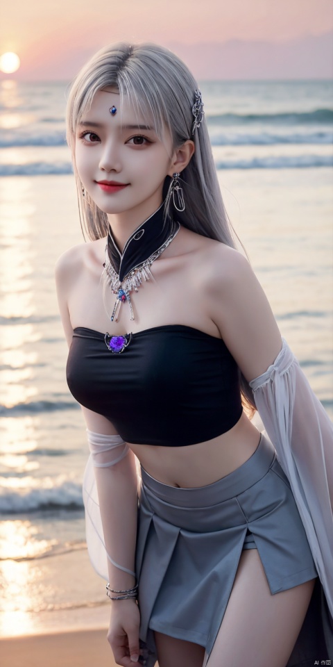  best quality, masterpiece, realistic,cowboy_shot,(Good structure), DSLR Quality,Depth of field,kind smile,looking_at_viewer,Dynamic pose, 
1girl, solo, long hair, , looking at viewer, skirt, hair ornament, bare shoulders, jewelry, , black hair, earrings, outdoors, midriff, water, necklace, lips, crop top, grey eyes, leaning forward, ocean, white skirt, strapless vest, sunset, sun, , , ,  , xiaoyixian,white hair