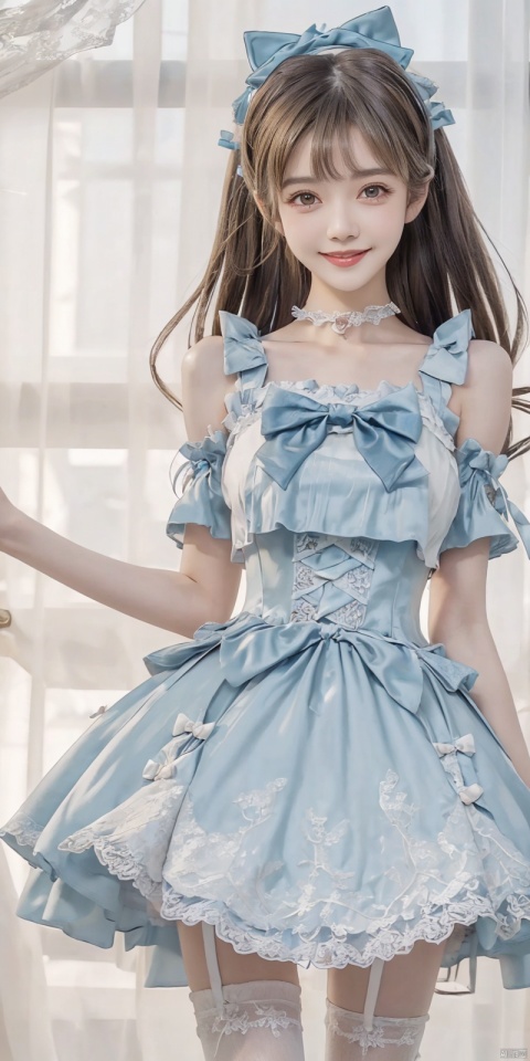 best quality, masterpiece, cowboy_shot,(Good structure), DSLR Quality,Depth of field,kind smile,looking_at_viewer,Dynamic pose, 
,,Girl, bare shoulders, blue hair, boobs, bow tie, brown eyes, cat ears, collar, ((Lolita Dress: 1.4)) , blue and white Lolita dress, wrinkled leg outfit, hand-held, lips, nose, shoulders, , alone, two-tailed, kind smile, looking at the audience, white leg costume, wrist cuffs, 1girl,,looking_at_viewer, , lolidress, ,, wangyushan,dress