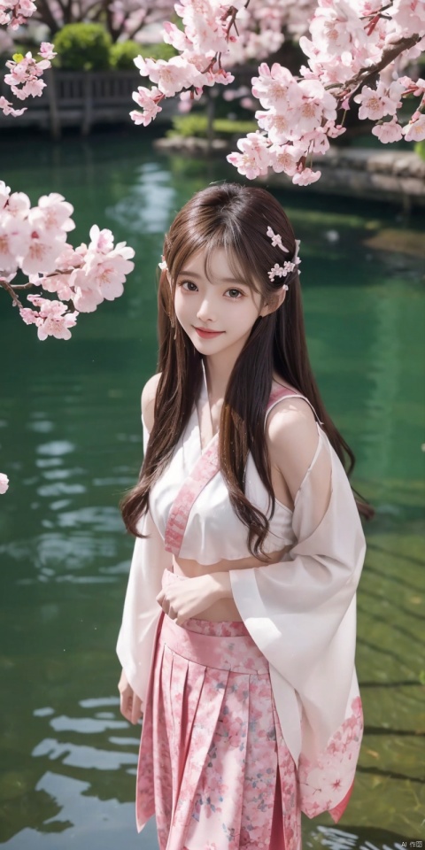 best quality, masterpiece, cowboy_shot,(Good structure), DSLR Quality,Depth of field,kind smile,looking_at_viewer,Dynamic pose, 
 Girl standing on water. Branches. Cherry blossoms. Dynamic shot. View from above. Long hair. Cherry blossom-colored Hanfu skirt. Slit. Calf. Mid-chest. Hair between eyes. Coiled hair. Half-open eyes. Blushing. Ripples. Dynamic angles. High details. Beautiful eyes. Solo, solo,wangyushan