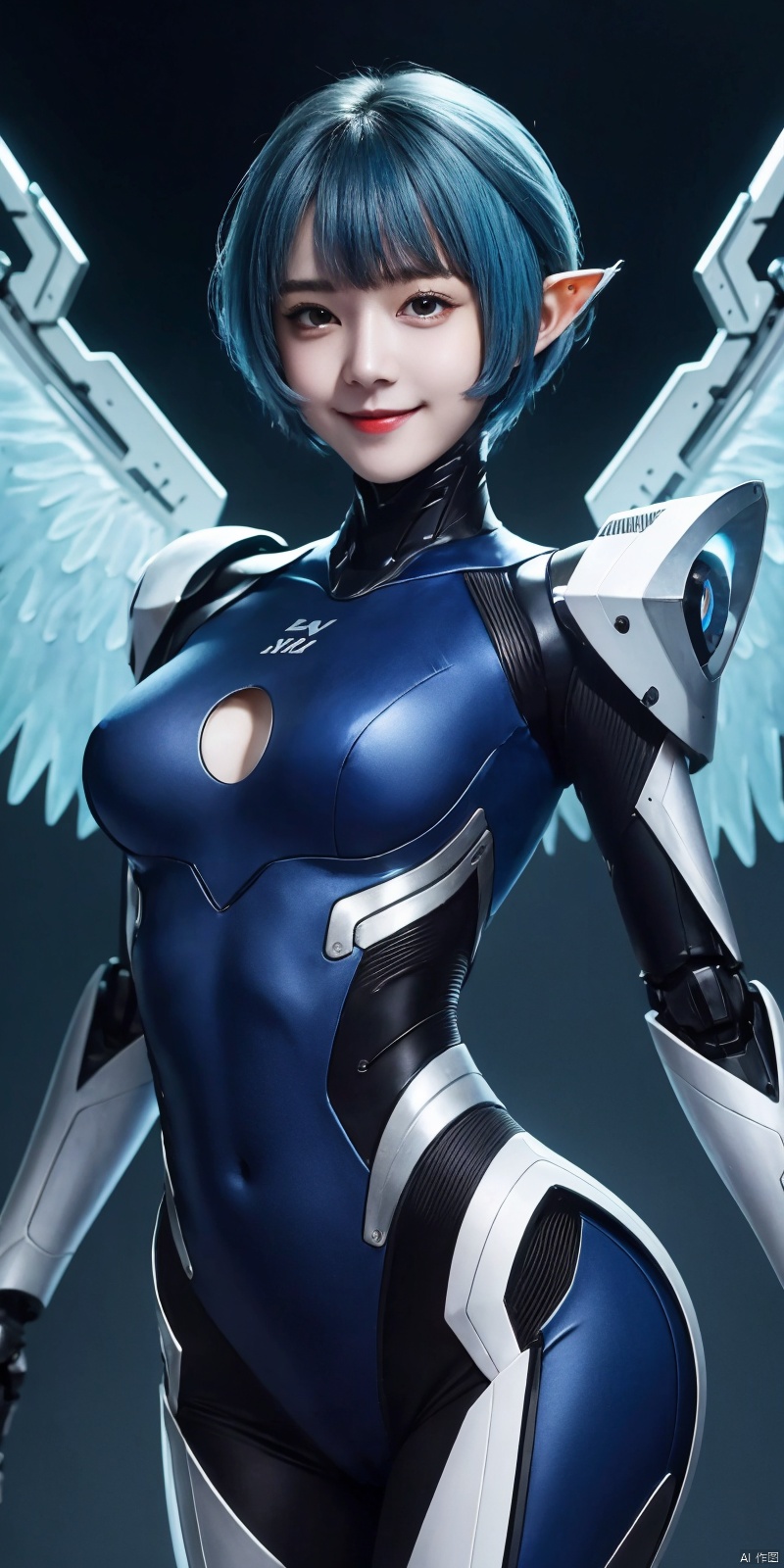 best quality, masterpiece, realistic,cowboy_shot,(Good structure), DSLR Quality,Depth of field,kind smile,looking_at_viewer,Dynamic pose, 
1girl, solo, , breasts, looking at viewer, bangs,  , wings, pointy ears,, lips,, bodysuit, science fiction, mecha musume, joints, robot joints, mechanical wings,
 , babata,blue_hair,short_hair