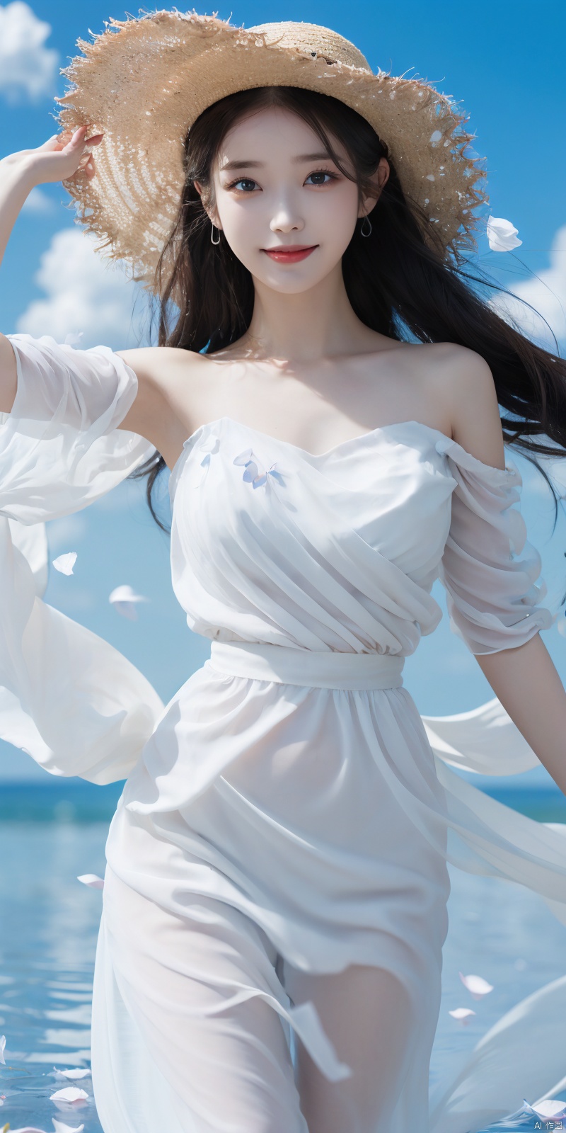 best quality, masterpiece, cowboy_shot,(Good structure), DSLR Quality,Depth of field,kind smile,looking_at_viewer,Dynamic pose, 
, depth of field, (1girl:1.2), , very long hair, low twintails, yellow eyes, light smile, Straw hat, looking at viewer,
white shirt, white skirt, (flying white chiffon:1.5), bare shoulder,
(flying blue petals:1.2), (standing above water surface), sky background, (cloud:1.2), white bird, floating water drops, (white border:1.2)
, backlight,lizhien