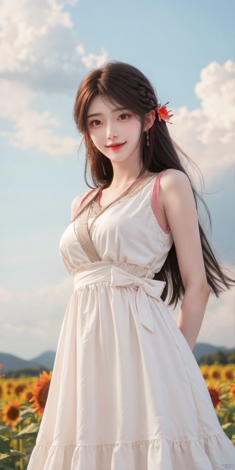  best quality, masterpiece, realistic ,(Good structure), DSLR Quality,Depth of field,kind smile,looking_at_viewer,Dynamic pose, 
1girl, solo, long hair, breasts, looking at viewer, blush,  bangs,, black hair,  , dress, bow, ribbon, bare shoulders, jewelry, medium breasts,  standing, collarbone, flower,  multicolored hair, earrings, outdoors, sky, , sleeveless, day, cloud, white dress, blue sky, bare arms, sleeveless dress, arms behind back, pink bow,   , sunflower, sundress, summer, , huolinger
