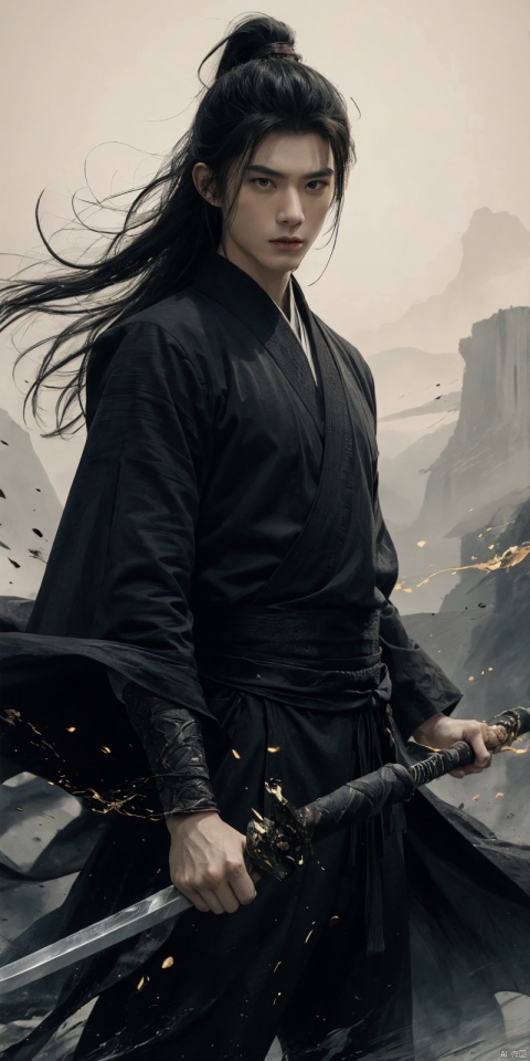  sdmai, wuxia, Chinese ink painting, artistic ink painting, Chinese martial arts films, wearing black robes, fighting posture, cinematic grandeur, splashing details, wild and powerful, solo, weapon, black hair, sword, long hair, male focus, looking at viewer, (1boy), scar, asuo