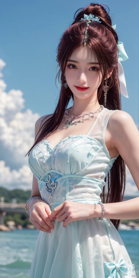  best quality, masterpiece, realistic, ,(Good structure), DSLR Quality,Depth of field,kind smile,looking_at_viewer,Dynamic pose, 
1girl, solo, long hair, breasts, looking at viewer, blush, , bangs, blue eyes,, dress, bow, , bare shoulders, jewelry, very long hair, collarbone, ponytail, white hair, hair bow, thighs, outdoors, sky, sleeveless, day, cloud, water, necklace, white dress, hair over one eye, bracelet, blue sky, blue bow, wading, pendant, doll, skirt hold, rainbow, anastasia \(fate\),
 , yeqinxian