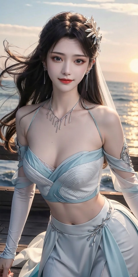  best quality, masterpiece, realistic,cowboy_shot,(Good structure), DSLR Quality,Depth of field,kind smile,looking_at_viewer,Dynamic pose, 
1girl, solo, long hair, , looking at viewer, skirt, hair ornament, bare shoulders, jewelry, , black hair, earrings, outdoors, midriff, water, necklace, lips, crop top, grey eyes, leaning forward, ocean, white skirt, strapless vest, sunset, sun, , , meidusha, , weddingdress